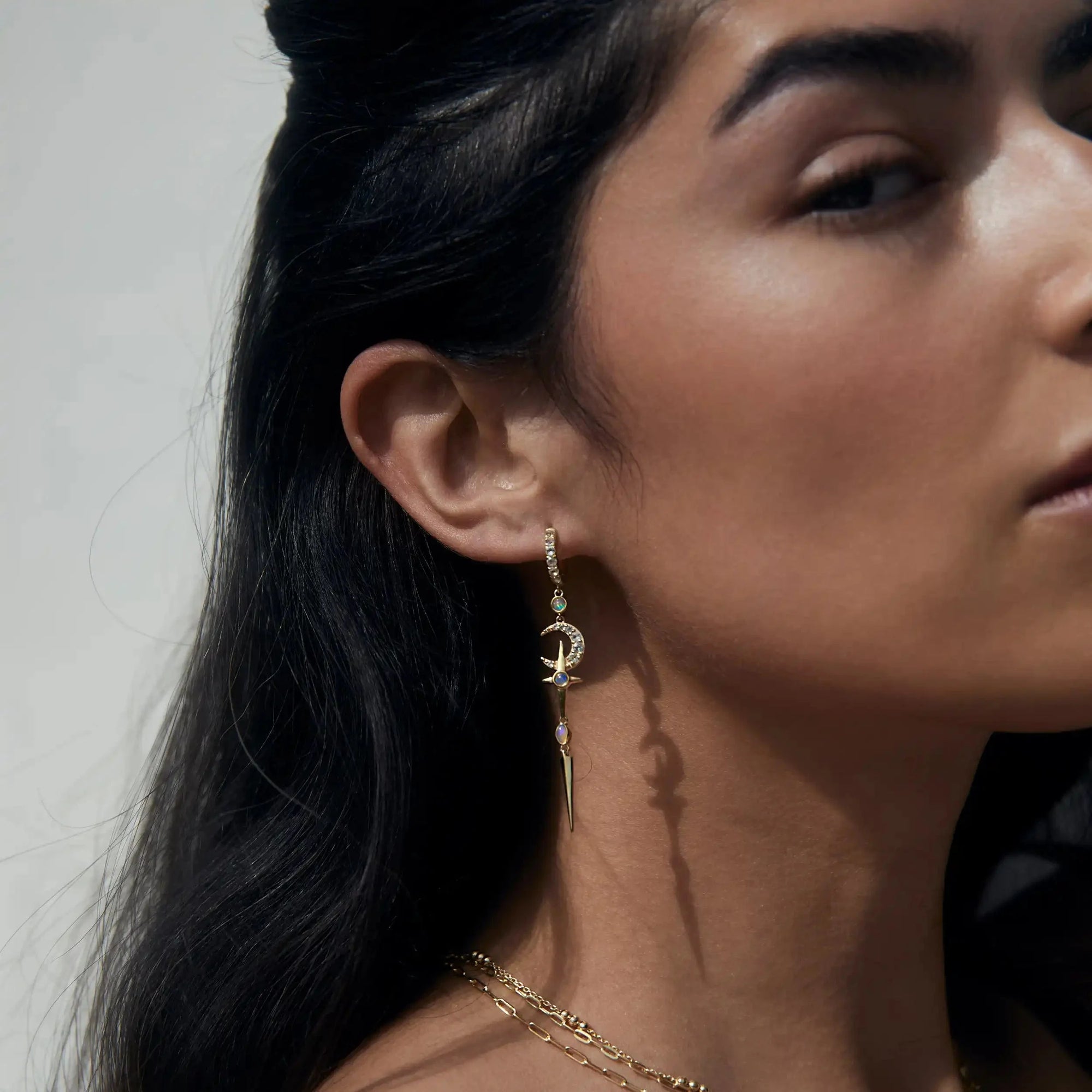 Opal Crescent Cross Drop Earring | 14K Yellow Gold Vermeil
