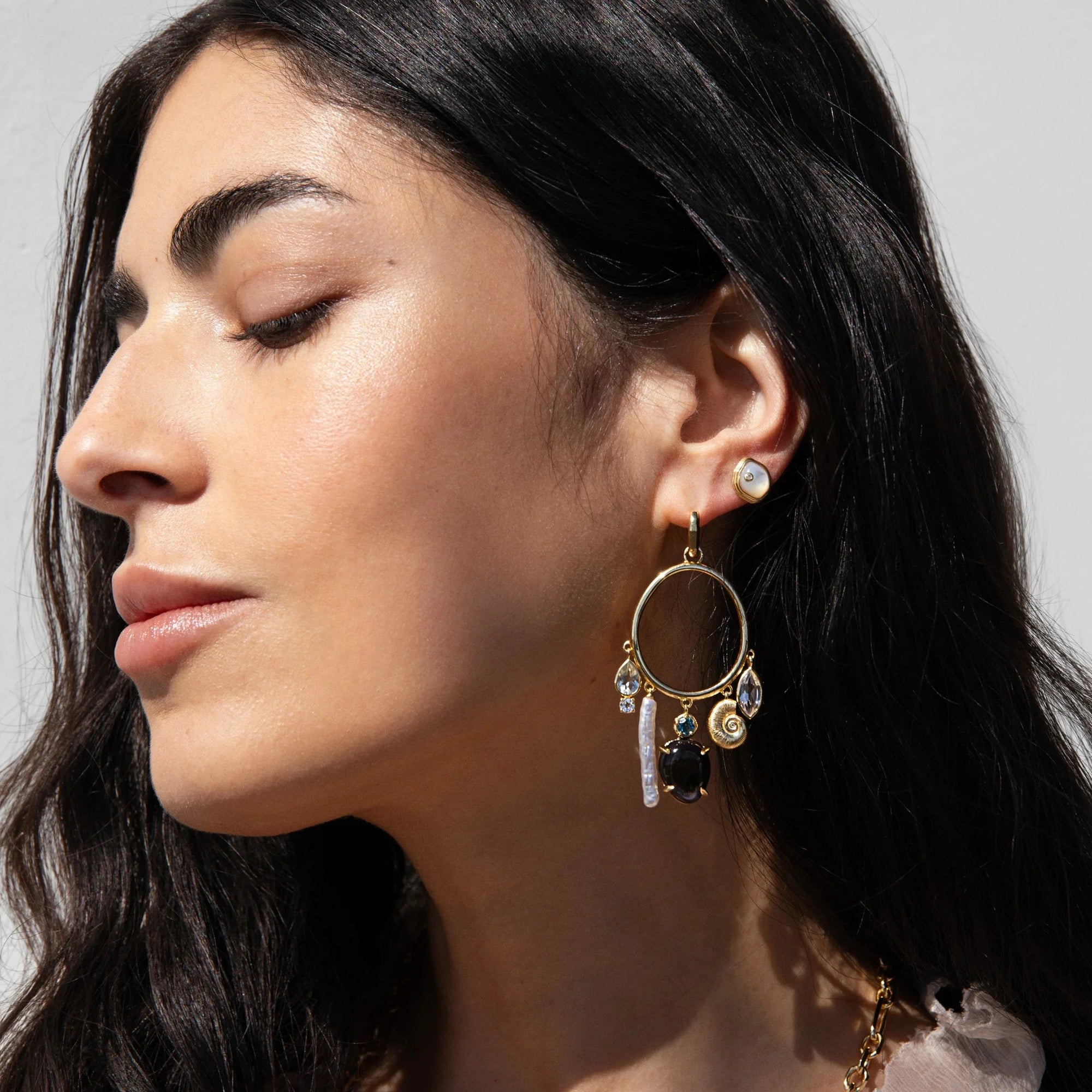 Deep Sea Gemstone Charm Hoops | 14K Yellow Gold Vermeil
