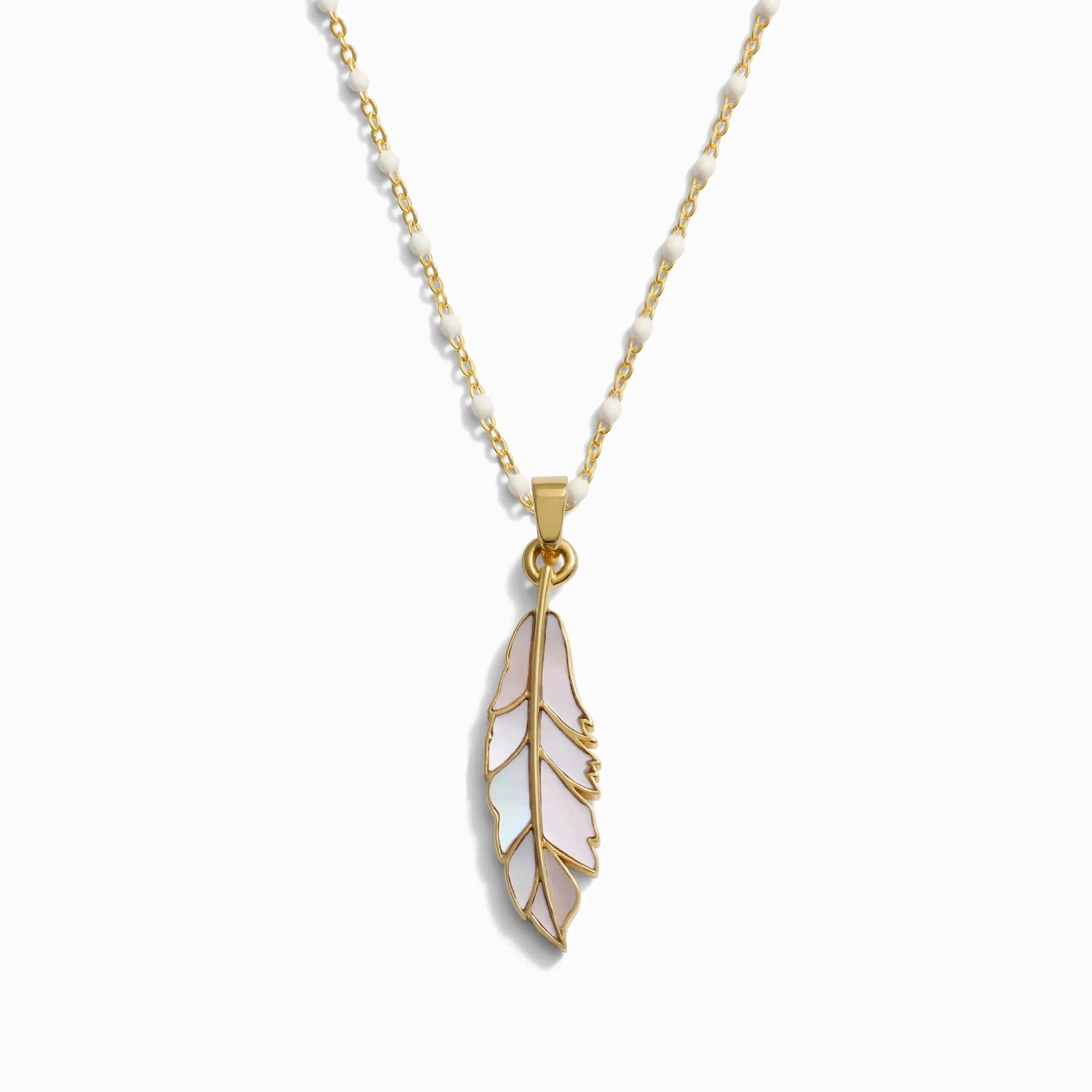 Mother of Pearl Feather White Enamel Necklace | 14K Yellow Gold Vermeil