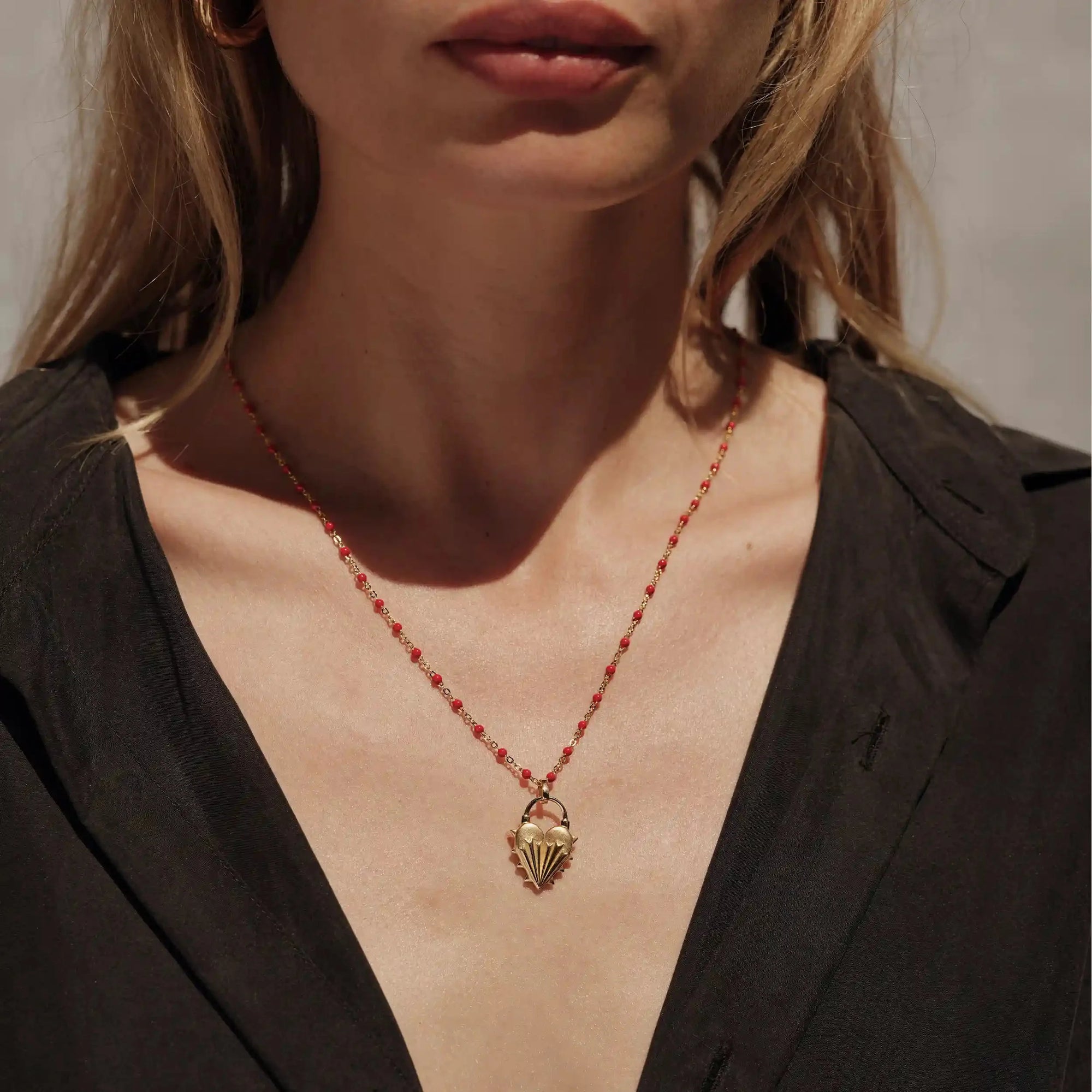 Spiked Heart Ruby Enamel Necklace | 14K Yellow Gold Vermeil