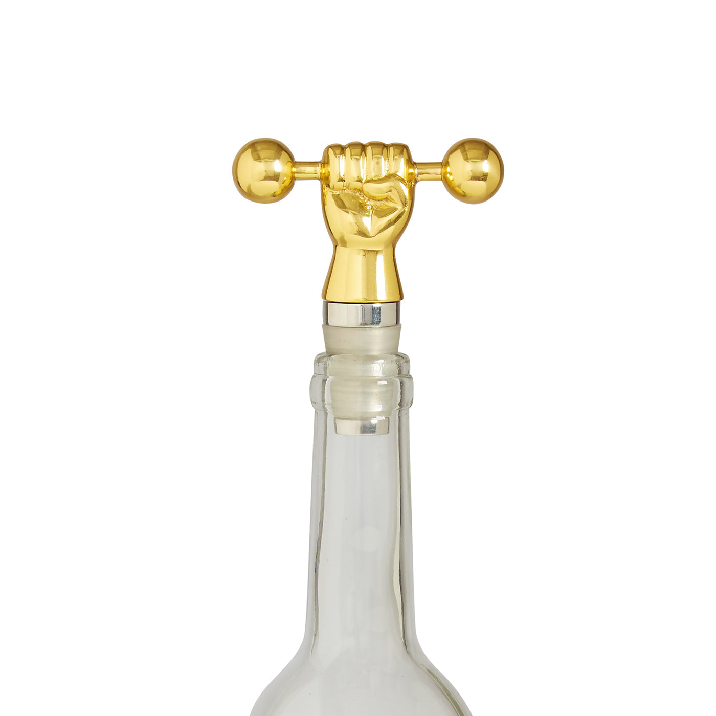 barbell bottle stopper brass with bottle - detail view