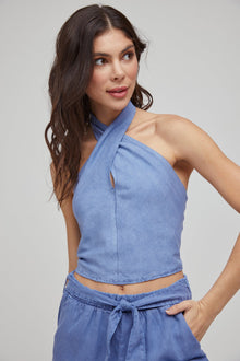 Cross Neck Smocked Halter Top | Mykonos Blue