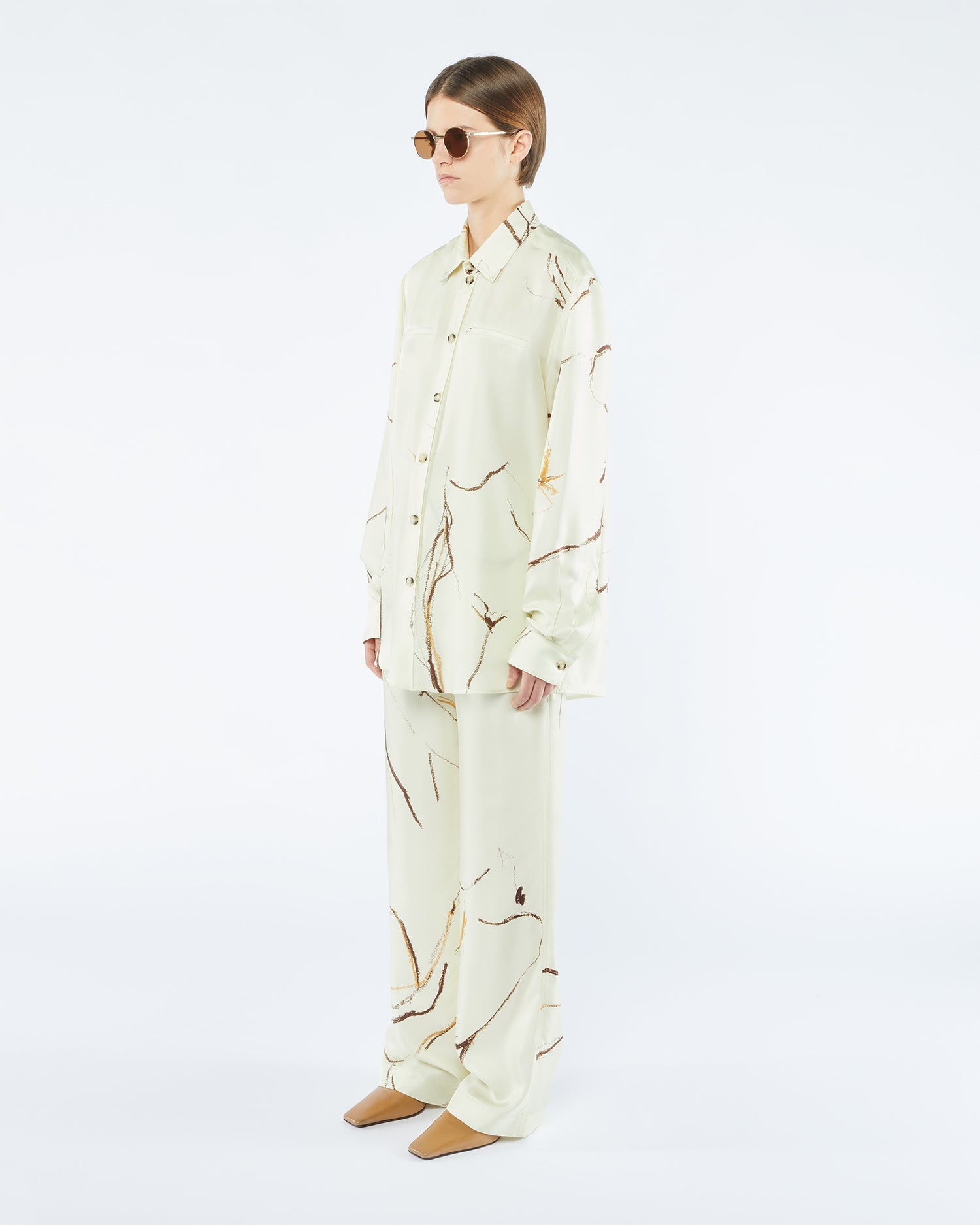 Womens | Sabrin Printed Twill Silk Shirt | Line Drawing Big Scale