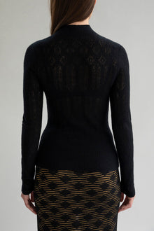 Full back view of a model wearing a black lace pointelle lightweight pullover sweater.