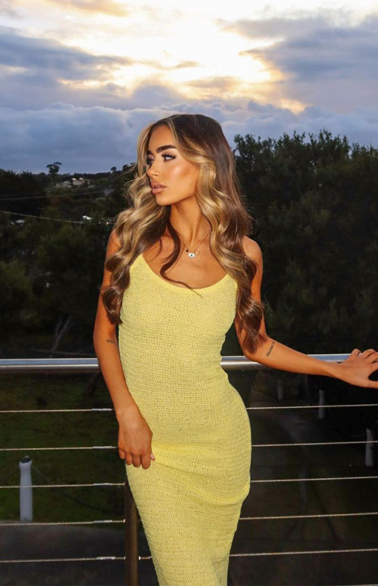 Beginning Boutique Ezra Yellow Maxi Dress yellow textured knit scoop neck spaghetti strap bodycon maxi dress