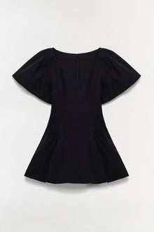 Black mini dress with puffed off-shoulder sleeves and fitted bodice with flared skirt.