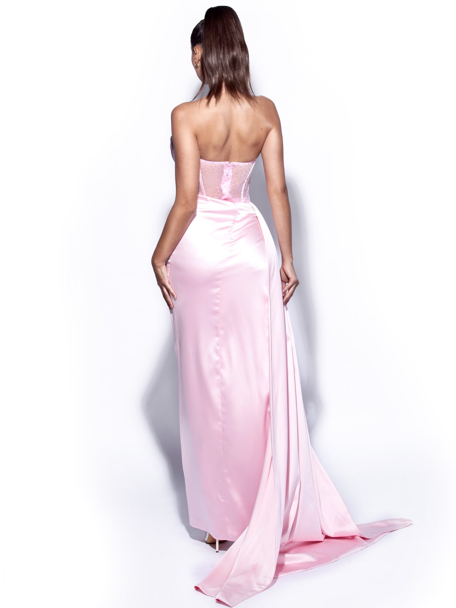 Holly Crystallized Corset High Slit Satin Gown | Pink