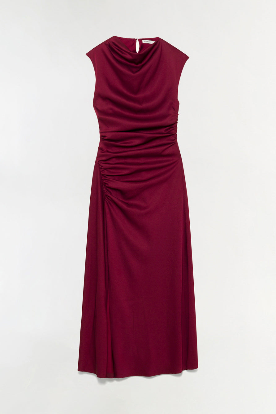 Burgundy sleeveless midi dress with draped cowl neckline and ruched side detailing.