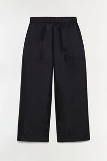 Black taffeta pull-on pants with elastic waistband and wide-leg silhouette.