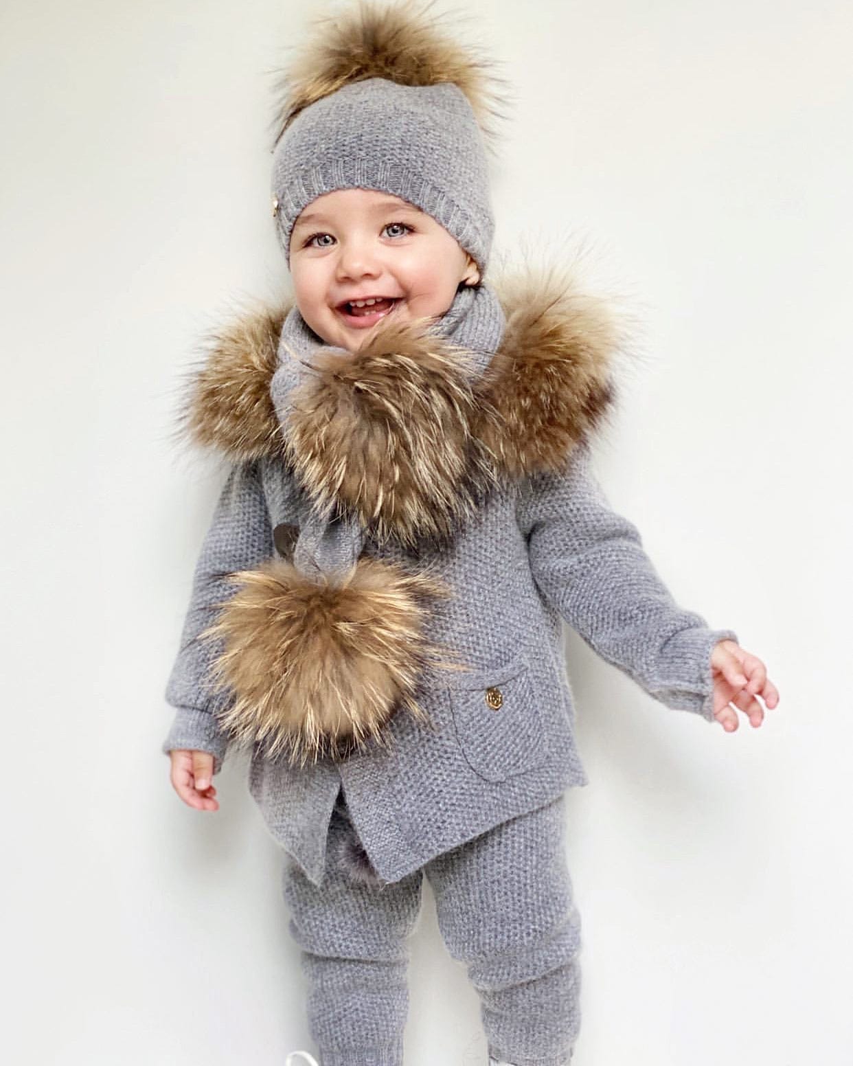 Honeycomb Grey Cashmere Pram Coat with Natural Trim - Petite Maison Kids