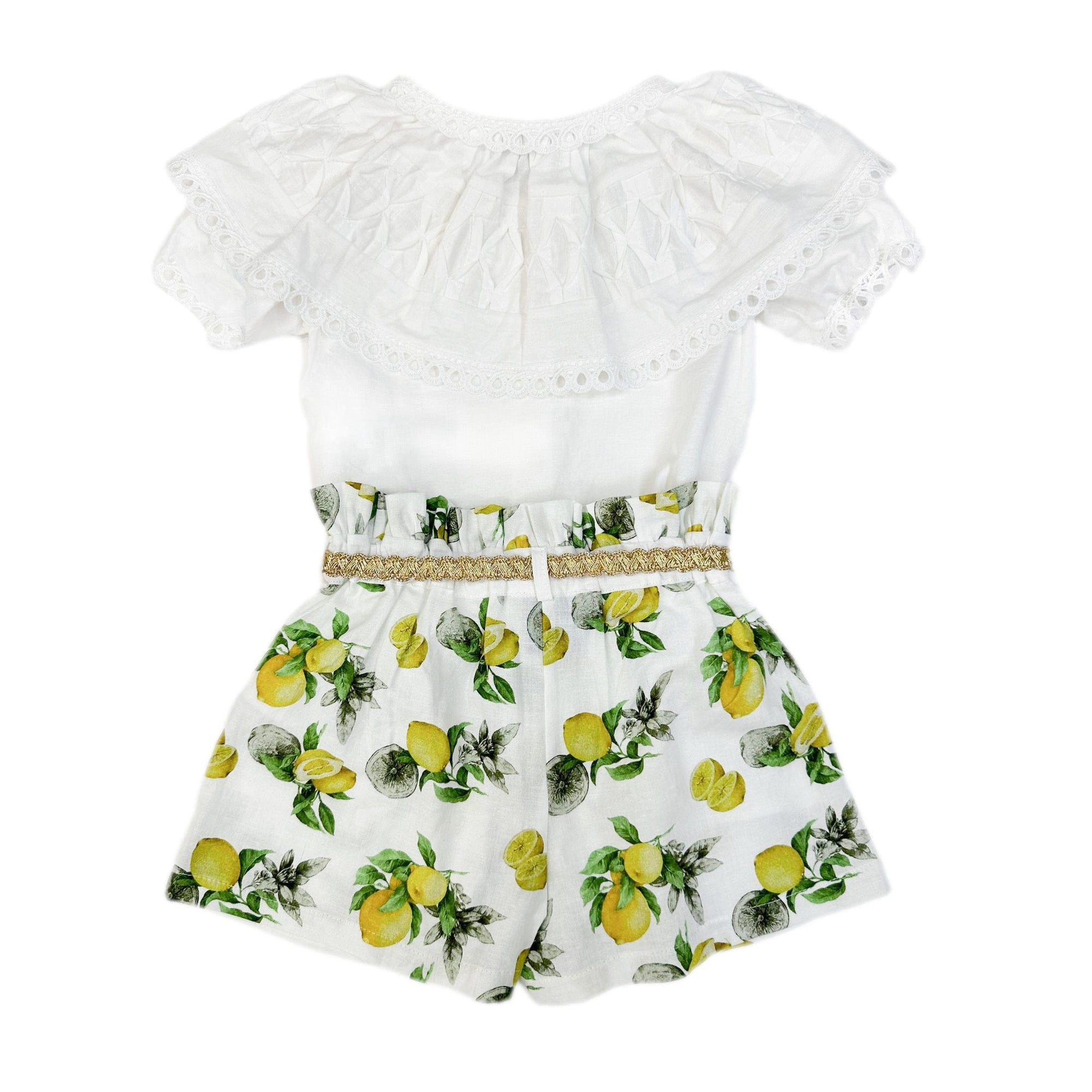 Girl | Amalfi Lemon Print Linen Blouse and Shorts Set | White x Green x Yellow
