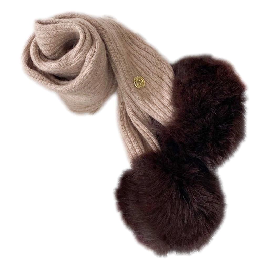 Misha Ribbed Angora Scarf Brown Fur Poms | Brown