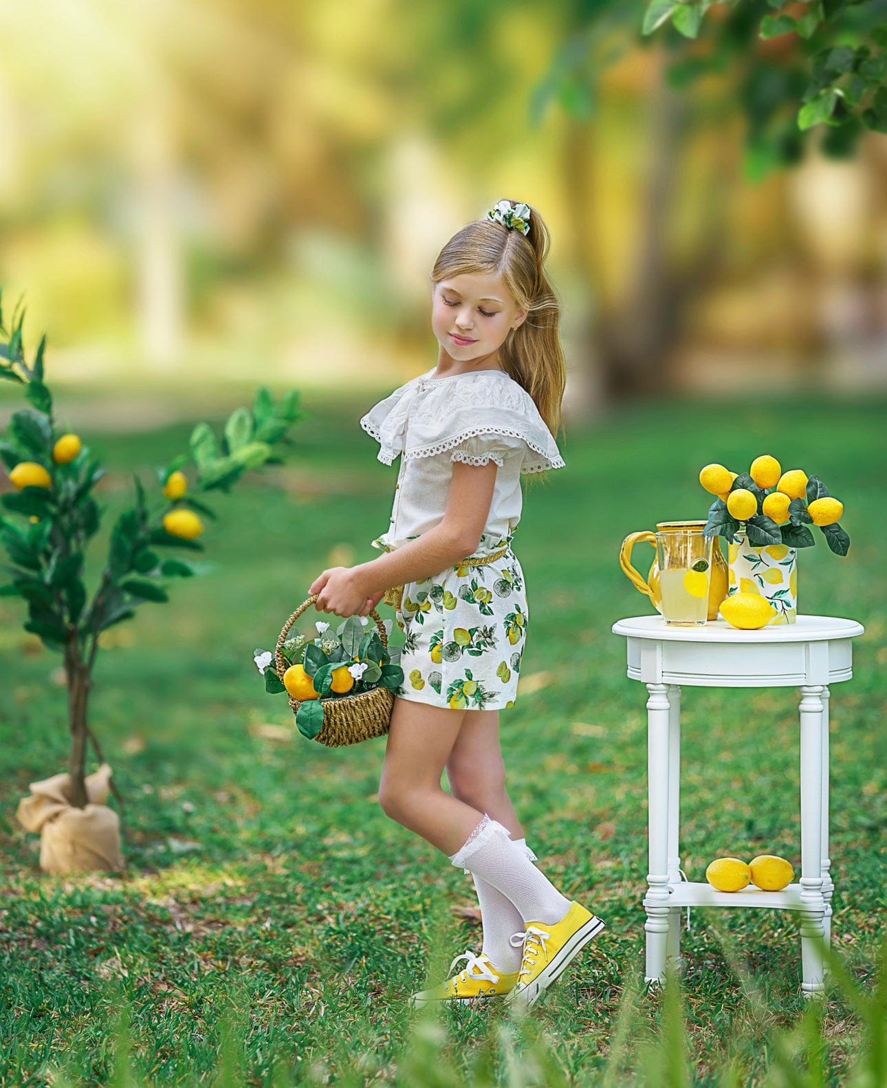 Girl | Amalfi Lemon Print Linen Blouse and Shorts Set | White x Green x Yellow