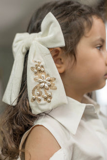 Girl | Embroidered Velvet Pearl Hair Bows | Black & Ivory