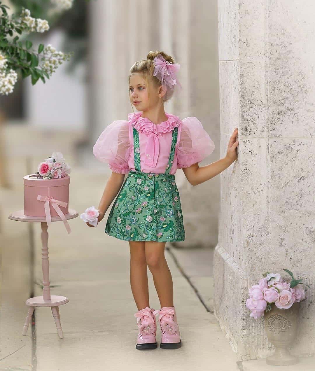 Girl | Eva Skirt and Blouse and Floral Tulle Set | Pink x Green