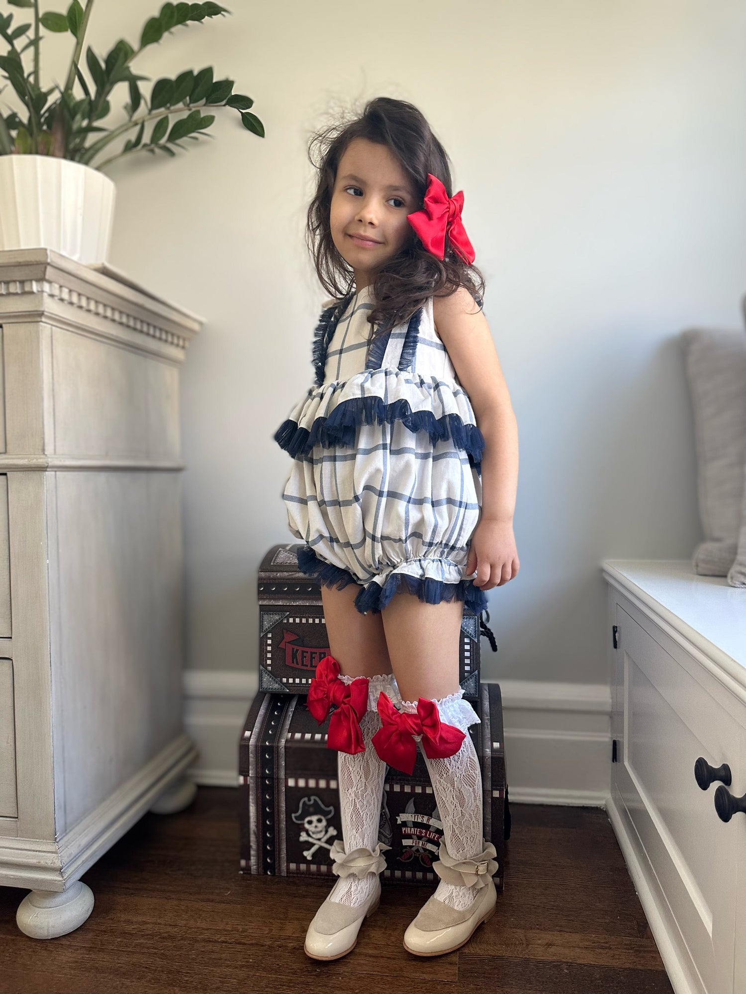 Unisex | Checkered Linen Ruffle Romper | White x Navy