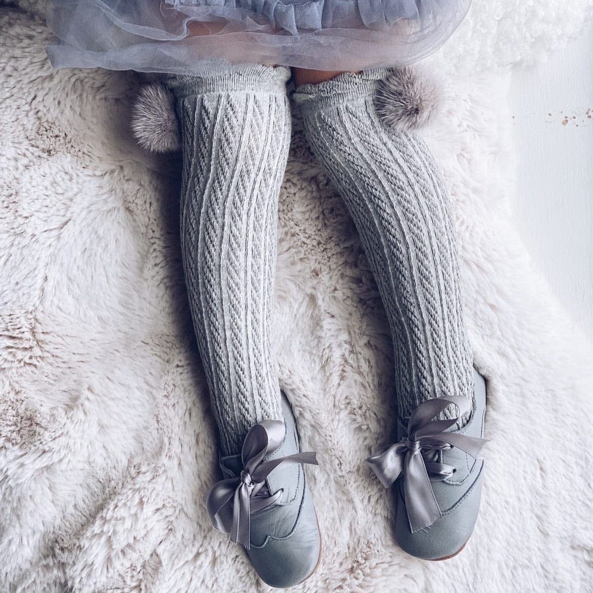 Grey Knee High Socks with Poms  | Grey