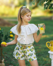 Girl | Amalfi Lemon Print Linen Blouse and Shorts Set | White x Green x Yellow