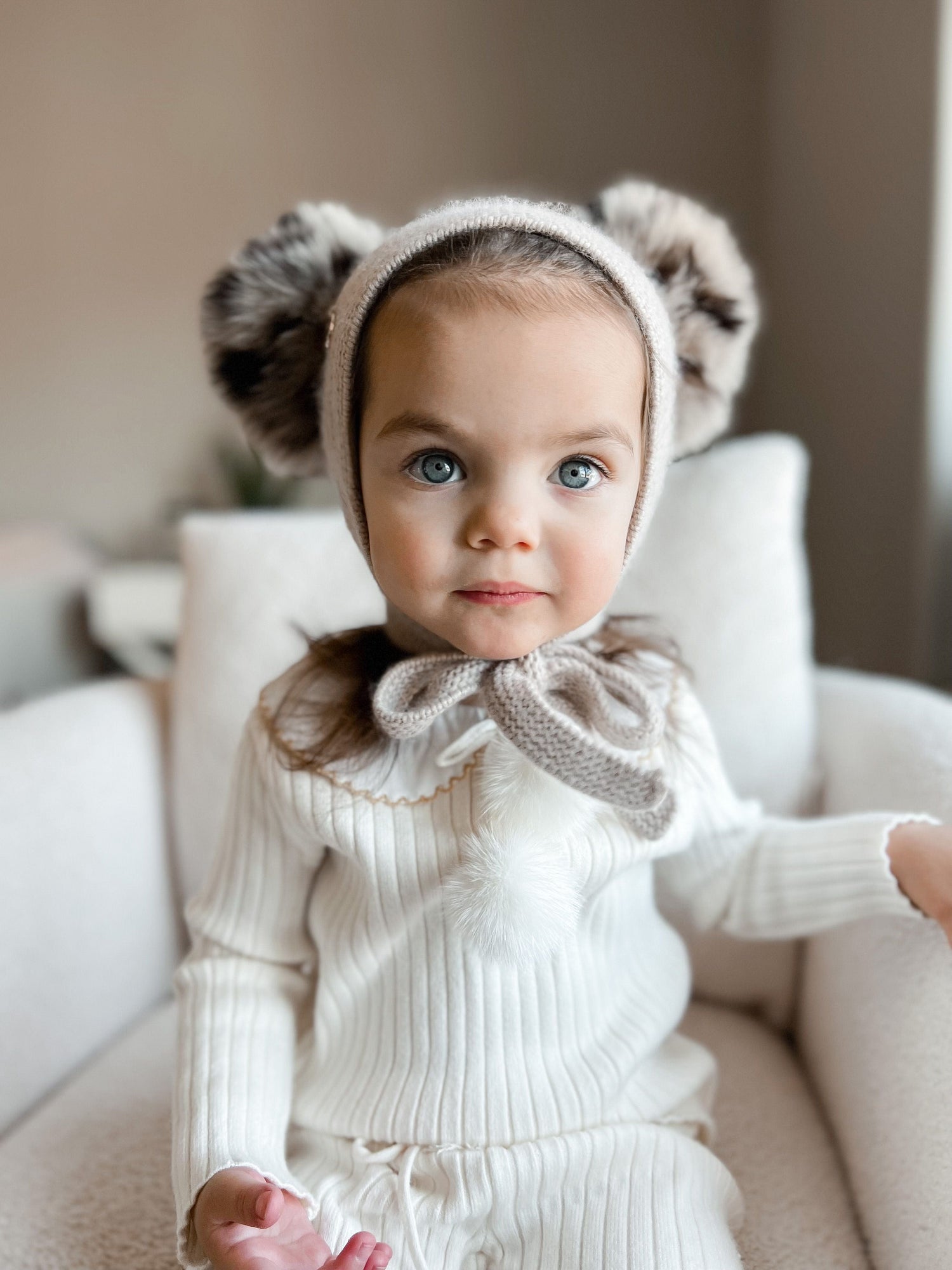 Honeycomb Beige Cashmere Bonnet with Animal Print Poms | Beige