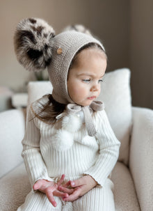 Honeycomb Beige Cashmere Bonnet with Animal Print Poms | Beige