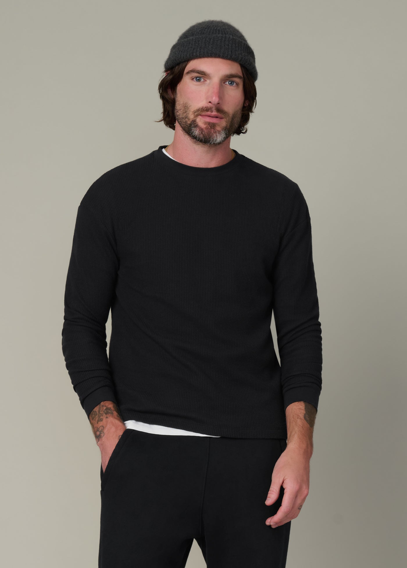 Long Sleeve Waffle Tee in Black, waffle-knit texture with comfortable fit – one of the best t shirts for men