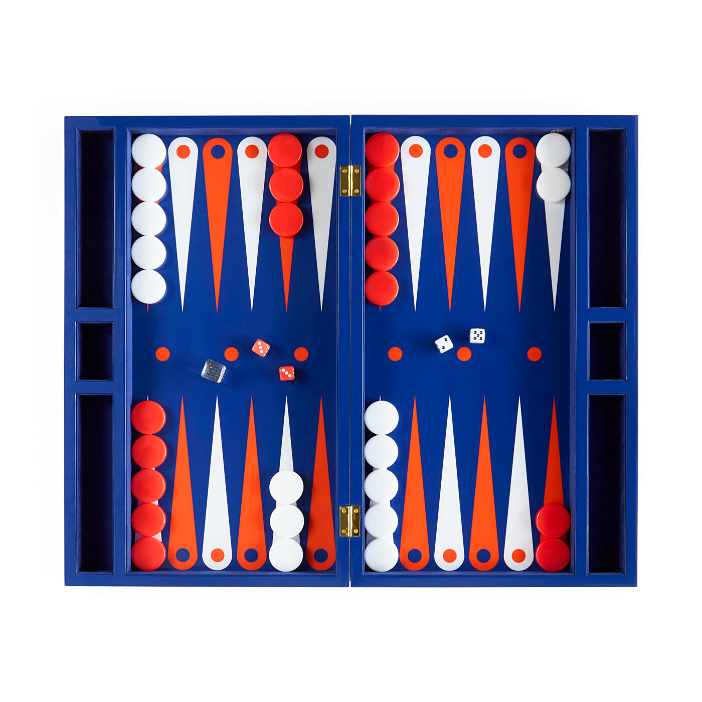 Backgammon set with red, white, and orange pieces in a blue case on a white background