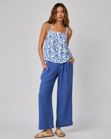 Linen Pleated Wide Leg Ankle Pant | Antique Indigo