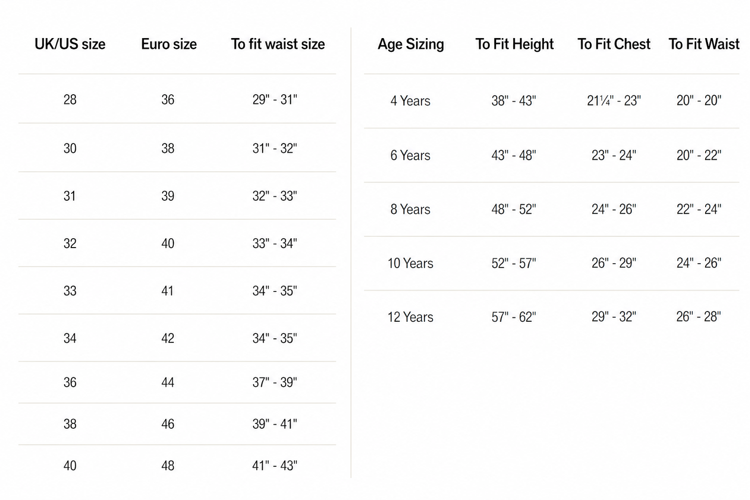 Product size guide