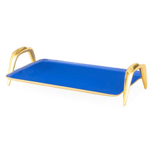 Blue tray with gold legs on a white background