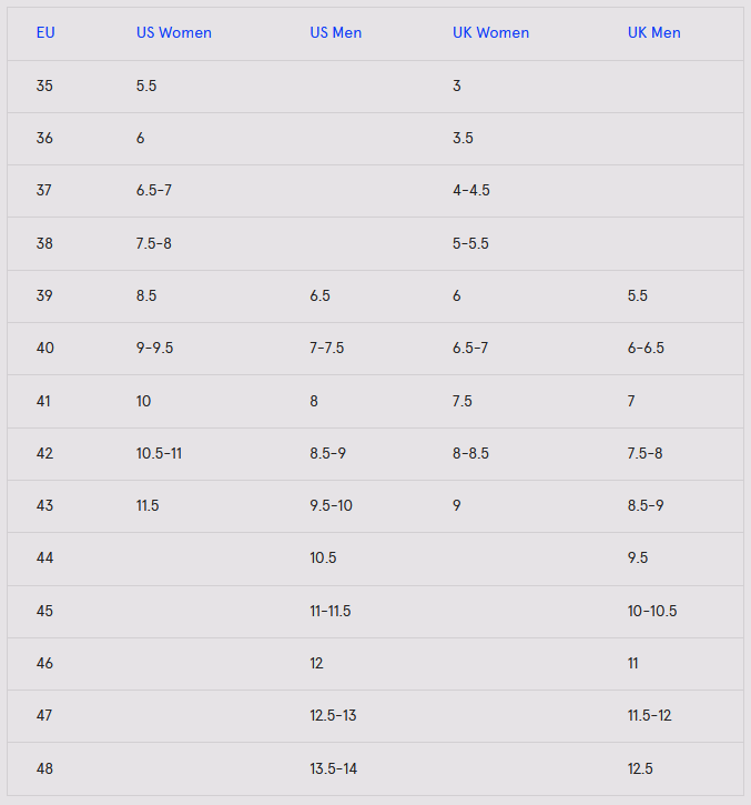 Product size guide