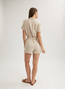 Linen Rolled Hem Utility Romper | Linen Sand