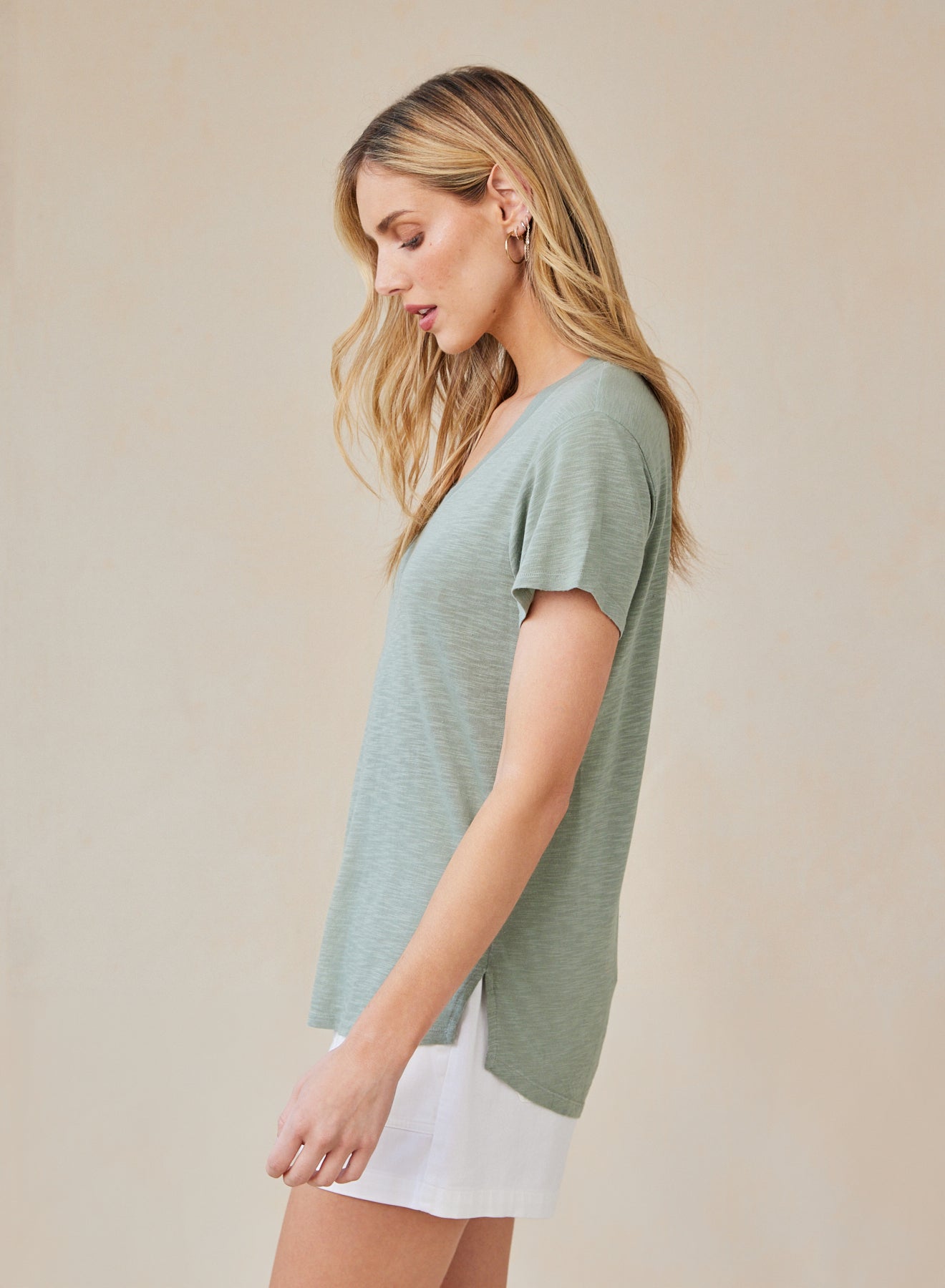Side Slit V-Neck Tee | Olive Grove