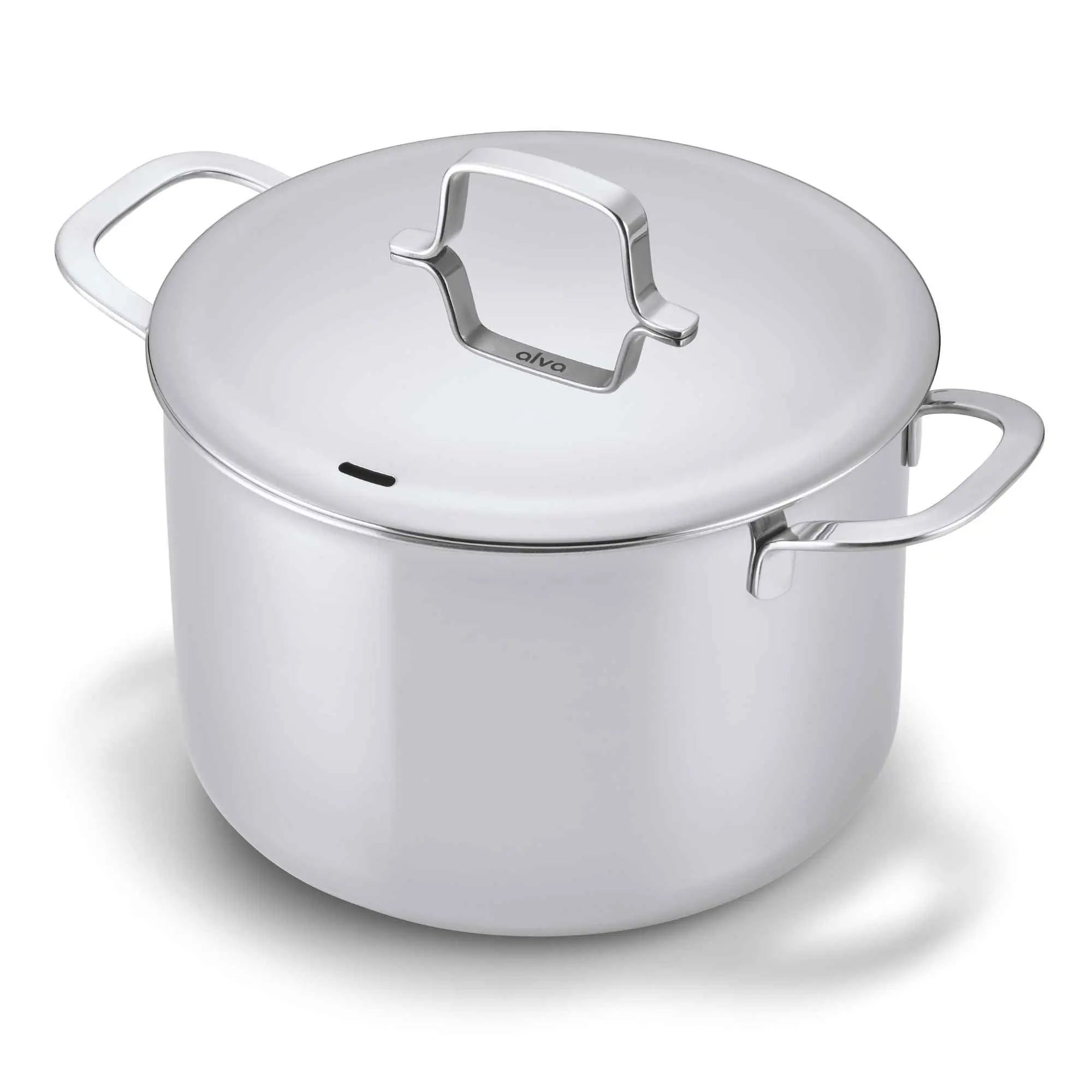 Stainless steel 8-quart stock pot with lid and side handles on white background