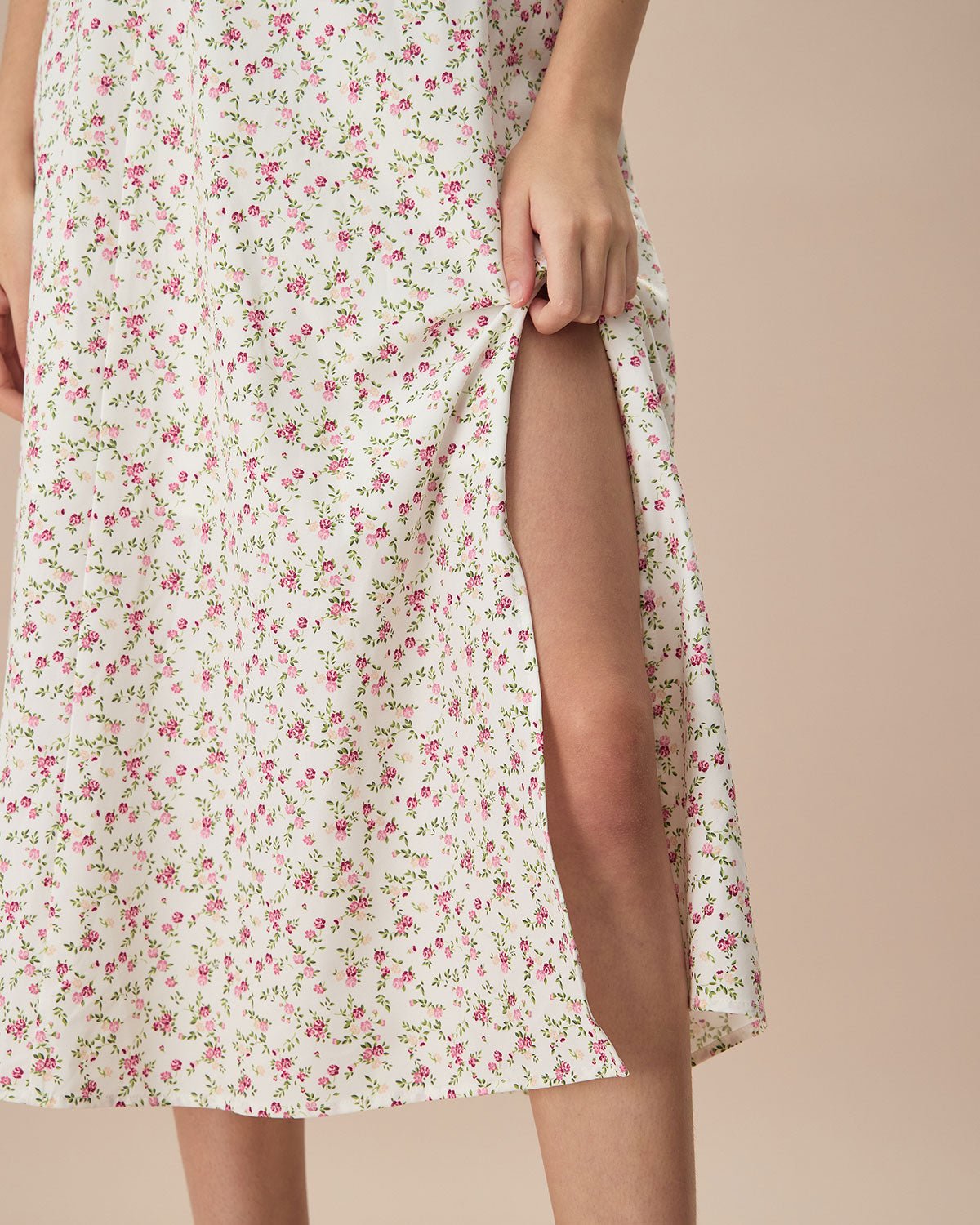 The Floral Puff Sleeve Split Hem Midi Dress Dresses - RIHOAS