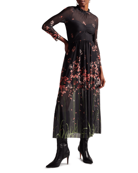 Women | Printed Mesh Dress With R | Black