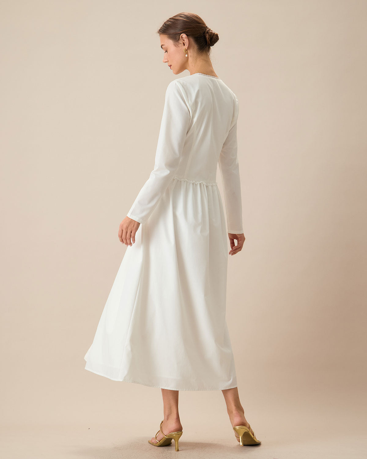 Women's White Ruched Button Maxi Dress