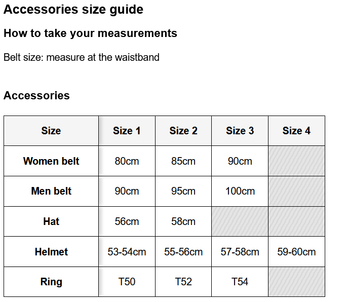 Product size guide